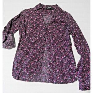 Express Essential Stretch Women's Floral Button-Up Blouse Black and Pink Size L